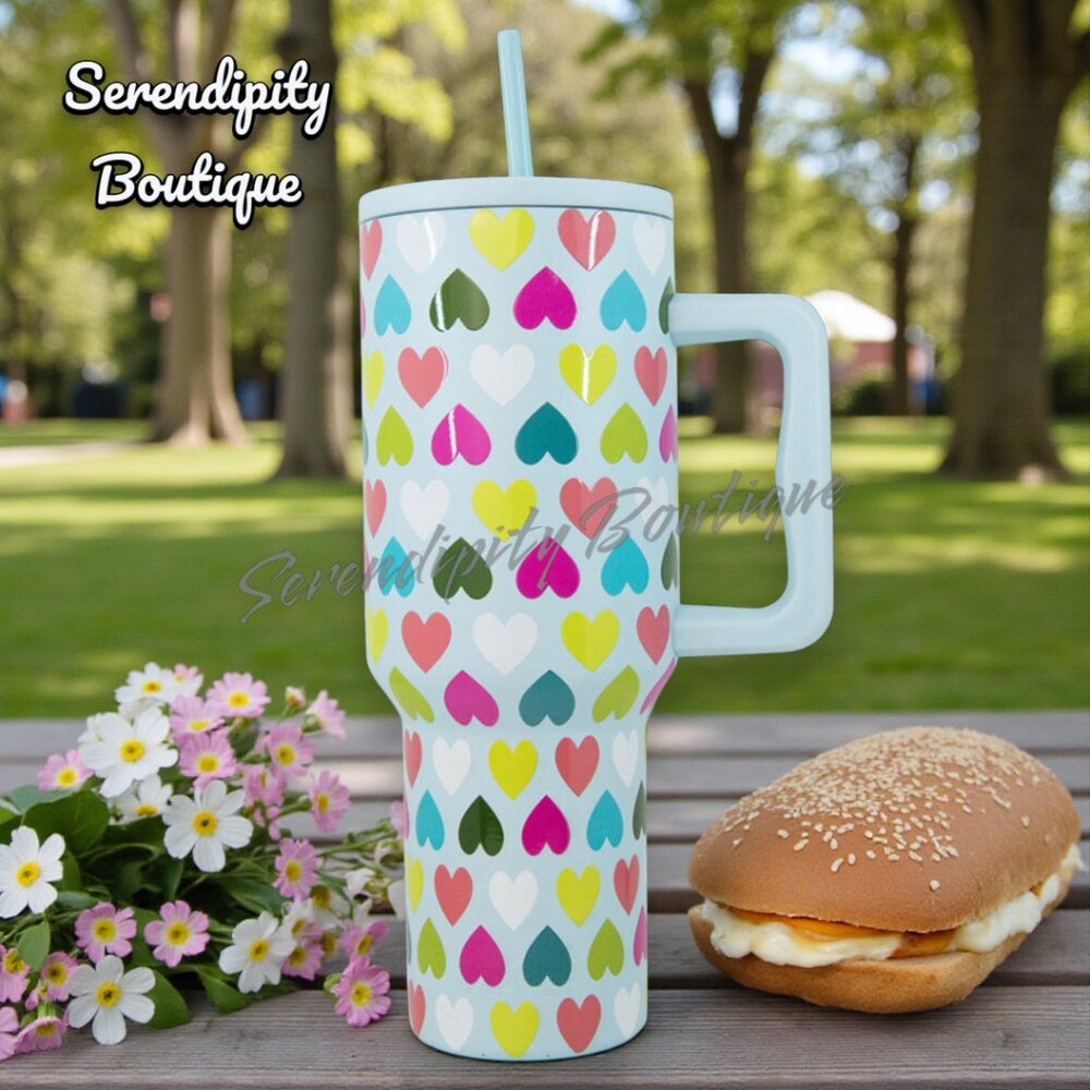 Girly Pastel Hearts 40 oz Spill Proof Hot or Cold Giant Tumbler with Straw